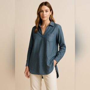 Soft Surroundings Tencel Chambray‎ Popover Blouse Medium High Low Back Pleat...